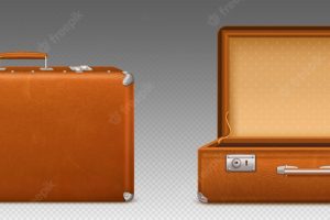Open and closed vintage brown leather suitcase png