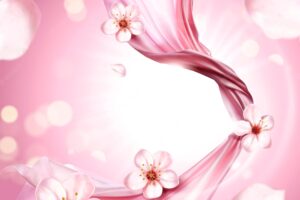 Pink chiffon elements, flying cloth on pink glittering background, sakura petals elements