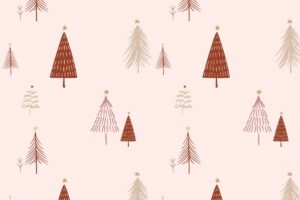 Pink christmas background, festive trees pattern in doodle design vector
