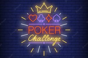 Poker challenge neon text with crown and suits symbols