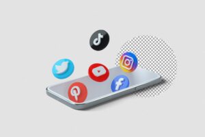 Popular 3d social media icons coming out of phone