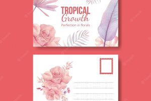 Postcard template with pastel tropical flower conceptwatercolor style