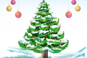 Realistic christmas tree with snowy card background