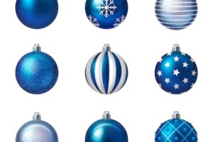 Realistic set of shiny blue and white christmas balls with various patterns isolated vector illustration