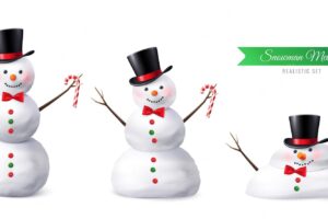 Realistic set of snowman wearing black hat in three stages of melting vector illustration