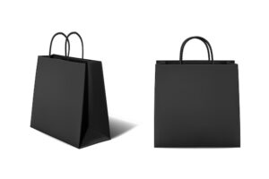 Realistic vector icon set black paper retail carton bag with handles shopping sale bag isolated on whie background