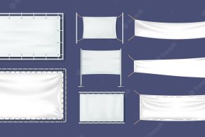 Realistic white textile banners set. cotton banners, blank flags, posters.