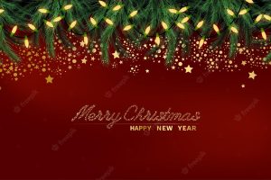 Red background with pine leaves and string lights decoration with gold stars and merry christmas