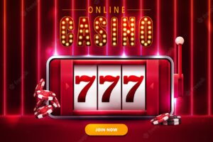 Red banner with smartphone with slot machine on screen and poker chips in scene with wall of line vertical neon lamps on background