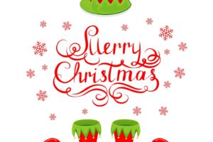 Red hat and shoes elf isolated on white background, lettering merry christmas and happy new year with snowflakes and holiday costume, illustration.