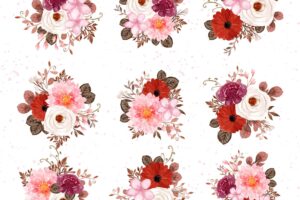 Red and white watercolor floral bouquet collection