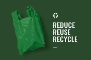 Reduce reuse recycle campaign banner with green plastic bag