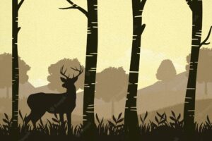 Reindeer between trees silhouettes background
