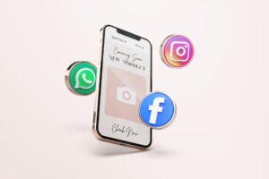 Rose gold mobile phone mockup with 3d social media icons
