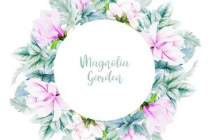 Round banner with watercolor magnolia flowers and leaves