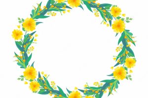 Round empty frame with spring yellow flowers and green leaves