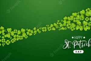 Saint patricks day illustration with flying clover leaves and typography letter on green background