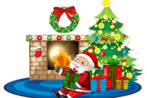 Santa claus sitting front fireplace with many gift boxes