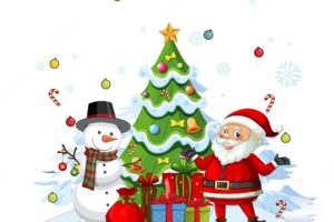 Santa claus with snowman and decorated christmas tree