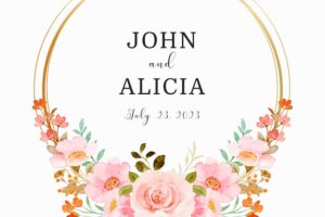 Save the date watercolor pink floral wreath with golden circle