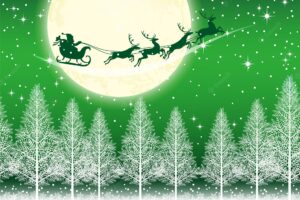Seamless christmas vector background with santa claus and reindeers flying across the moon.