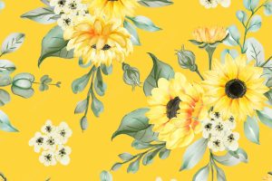 Seamless pattern with beautiful sun flowers and leaves
