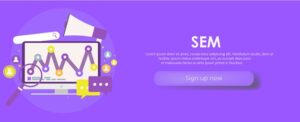 Search engine marketing banner. computer with object, diagram, user icon.