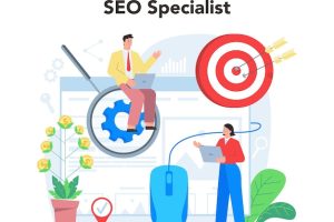 Seo specialist concept idea of search engine optimization for website as marketing strategy web page promotion in the internet development audit vector illustration in cartoon style