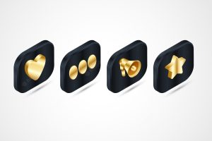 Set of 3d realistic isometric black gold luxury style icons set for website app