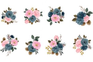 Set of blue and pink watercolor floral bouquet