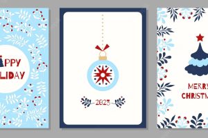Set of christmas and happy new year greeting cards with christmas tree and floral ornaments.