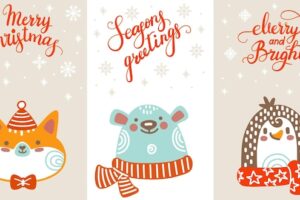 Set of christmas vertical cards cute characters vector illustration