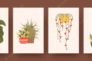 Set of contemporary art posters with floral theme. vector illustration. 
colorful collection of green and yellow plants in pots