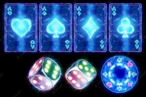 A set of neon cards aces of all stripes, a neon casino chip and dice. concept for online casino, gambling, online money games, bets. 3d illustration, 3d render.