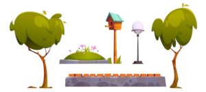 Set of park items green trees flower bed street lamp and wooden birdhouse with stone fence or bench