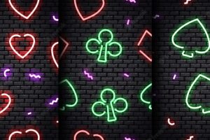 Set of realistic  neon seamless pattern of card suit on the seamless wall.