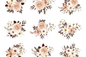 Set of rustic brown and white watercolor floral bouquet