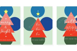 Set trendy happy new year greeting cards ho ho ho merry christmas template minimalistic design green