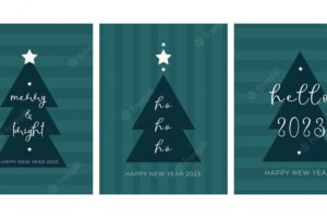 Set trendy happy new year greeting cards ho ho ho merry christmas template minimalistic design green