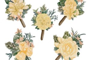Set of yellow flowers bouquet hand drawn watercolor illustration