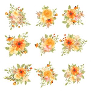 Set of yellow summer flower bouquet watercolor illustration