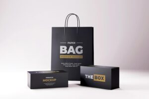 Shoes box and shopping bag mockup realistic black
