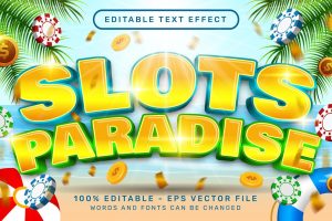 Slot paradise 3d editable text effect with chip illustration and sea landscape background