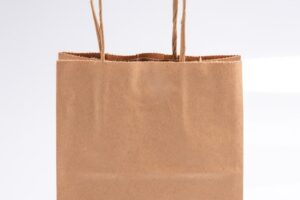 Small brown paper bag in front of a white background