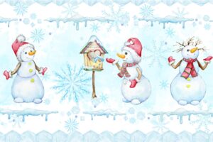 Snowmen bird house bird snowflakes watercolor seamless pattern cartoon style on a blue background