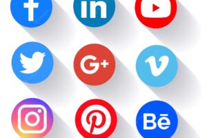 Social media icons vector set with facebook, instagram, twitter, vimeo, youtube, pinterest logos