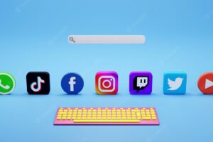 Social media logos with keyboard and browser