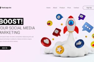 Social media marketing landing page with 3d cartoon illustration rocket