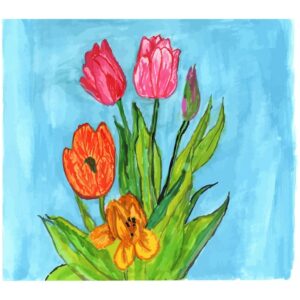 Spring card watercolor flowers on blue background