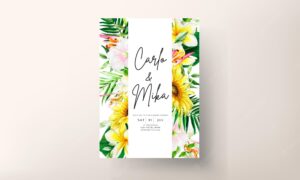 Summer invitation card with tropical flower and leaves